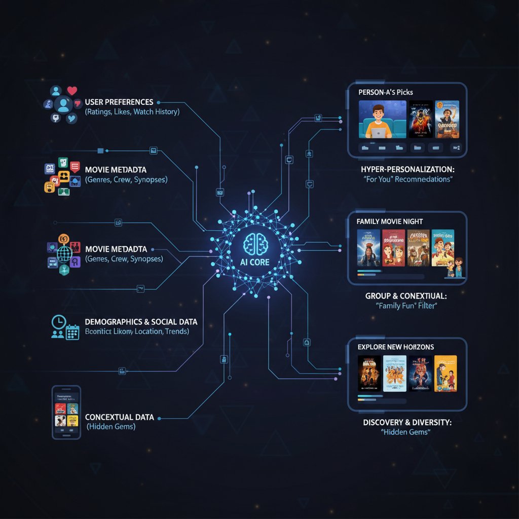 Diagram of AI-powered movie recommendation system, illustrating data inputs and analysis