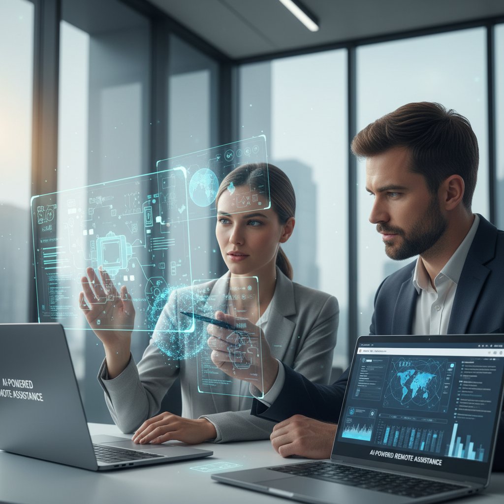 Smiling professional collaborating with an AI-powered remote support assistant on a laptop