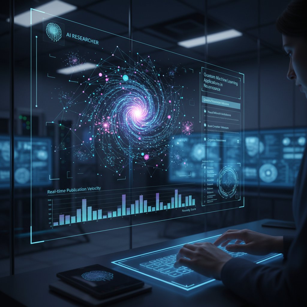 Academic researcher using an AI-powered digital interface, surrounded by dynamic data visualizations in a modern workspace
