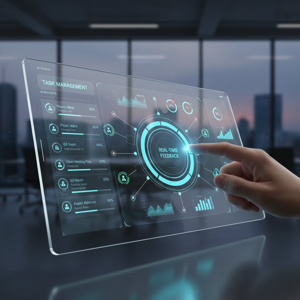 Close-up of AI-powered software interface providing real-time feedback and task management for enterprise team