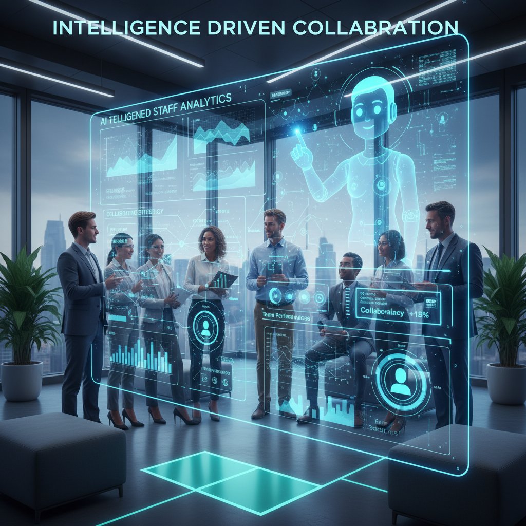 AI-powered staff fixes in action: AI interface collaborating with human team members over a digital dashboard in a modern enterprise workspace