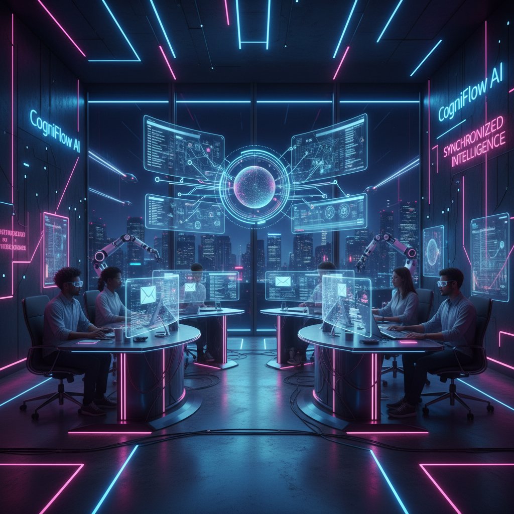 AI-powered team coordinating inbox, office at night, neon highlights, high-tech mood