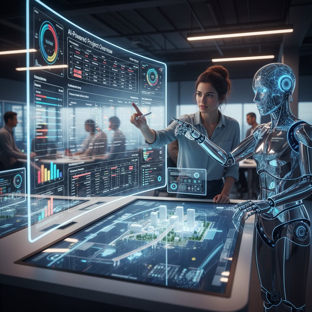AI-powered teammate assisting a human team with digital project admin dashboards, seamless workflow
