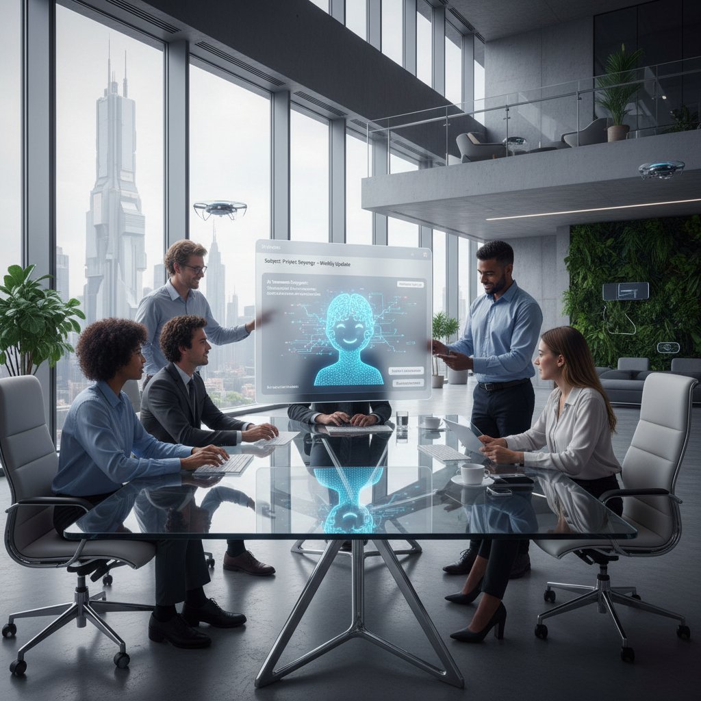 AI-powered teammate facilitating team communication, email interface, teamwork support, modern office, ambient lighting