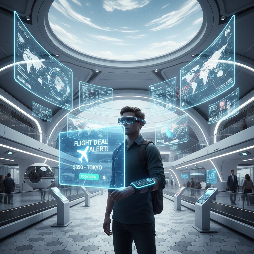 AI-powered traveler receiving a personalized flight deal notification in a futuristic airport lounge, glowing holographic screens