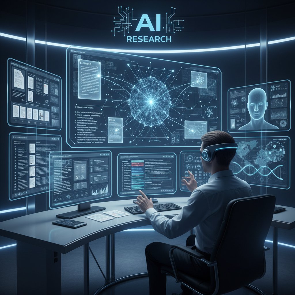 Research analyst using AI-powered virtual researcher on multiple screens