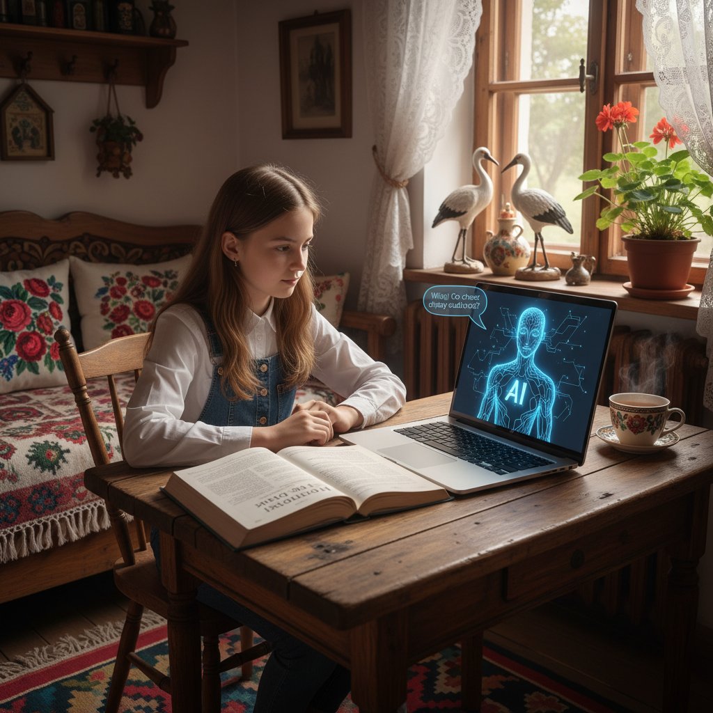 Interfejs wirtualnego korepetytora AI do nauki w liceum online na laptopie w polskim domu