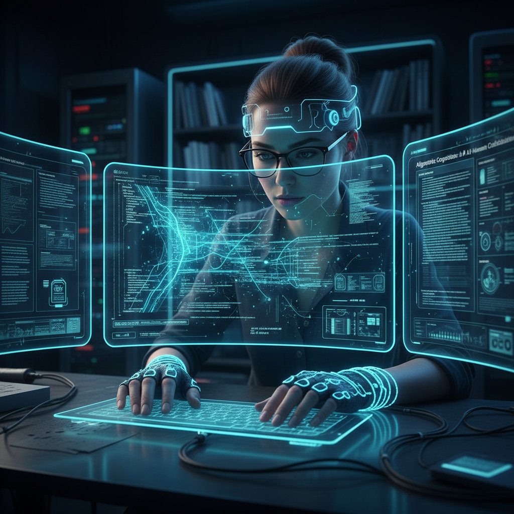 Photo of programmer working on AI algorithms for academic document formatting, computer screens glowing with code