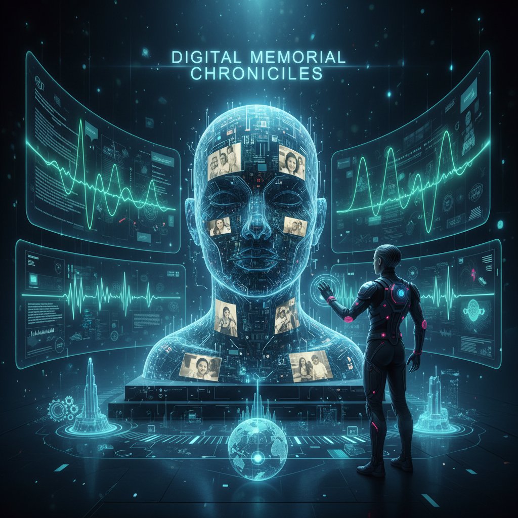 A programmer working on AI code with photos and speech waveforms displayed, illustrating digital memorial AI development