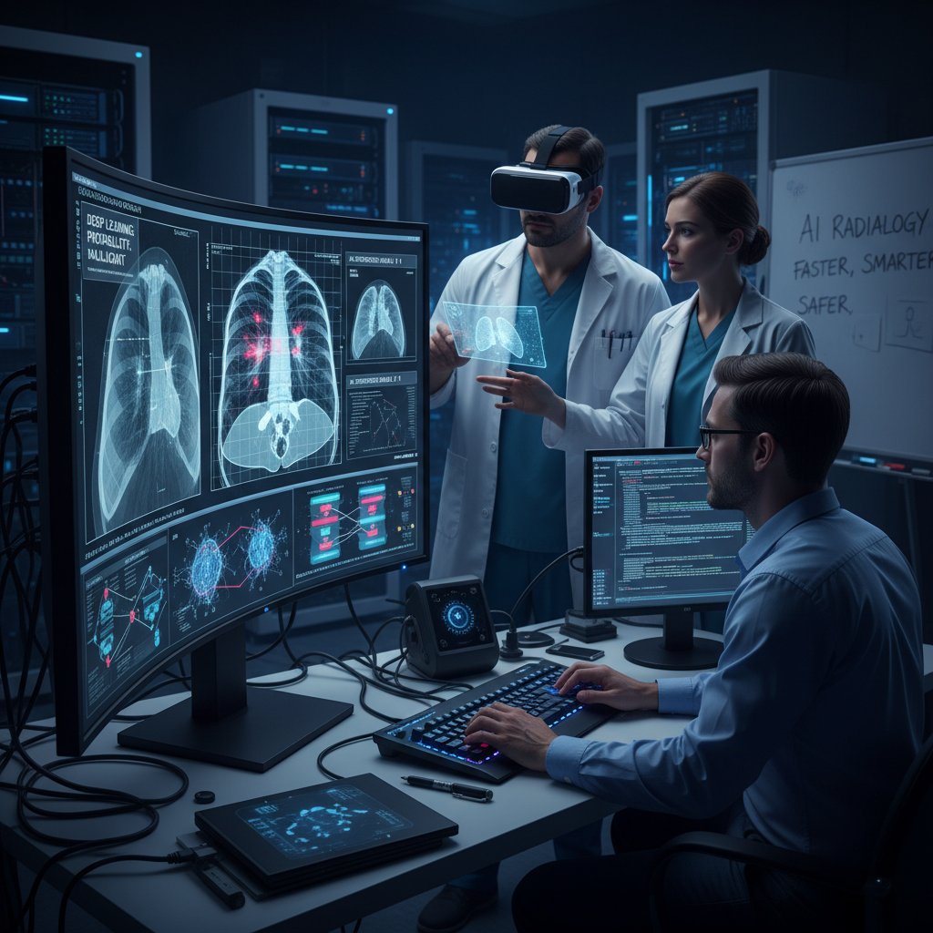 Zespół radiologów analizujący wyniki obrazowe na ekranie z AI, nowoczesne wnętrze