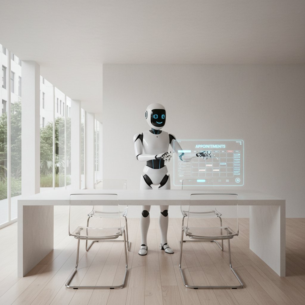 Nowoczesna recepcjonistka AI organizująca wizyty w minimalistycznym biurze