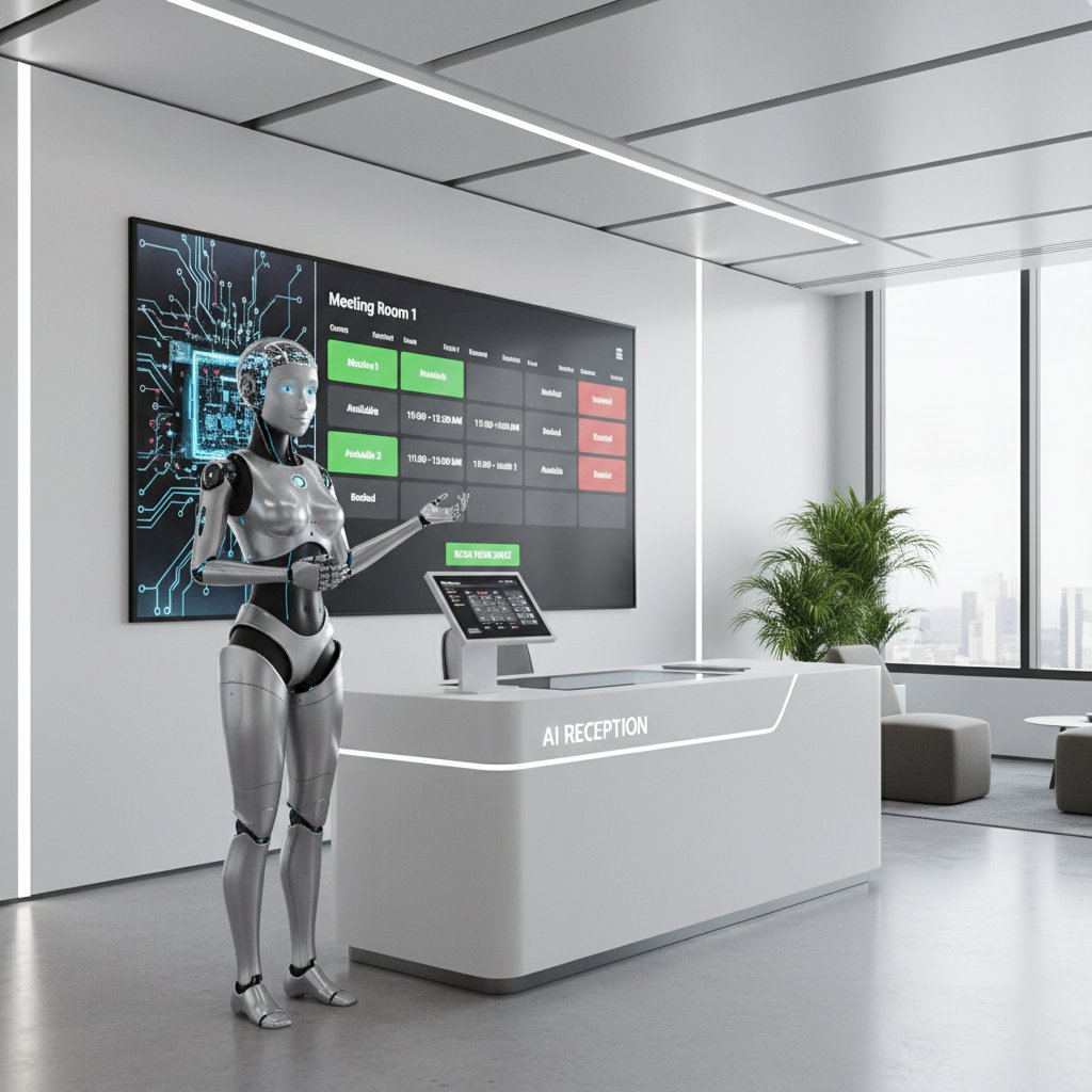 Recepcjonistka AI przy komputerze obsługująca rezerwacje w nowoczesnym biurze