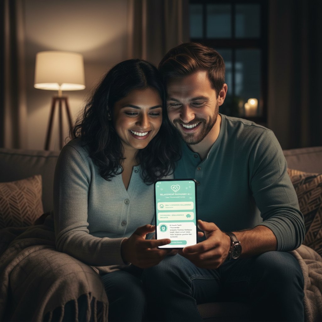 A couple using a smartphone together, smiling, AI relationship coach interface on screen, emotional closeness tech