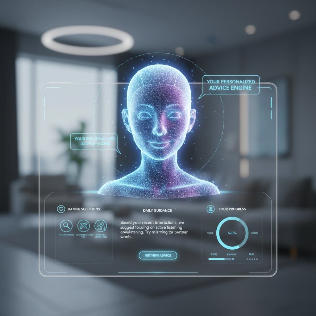 Modern digital interface showing AI relationship coach in action, representing personalized advice in relationships