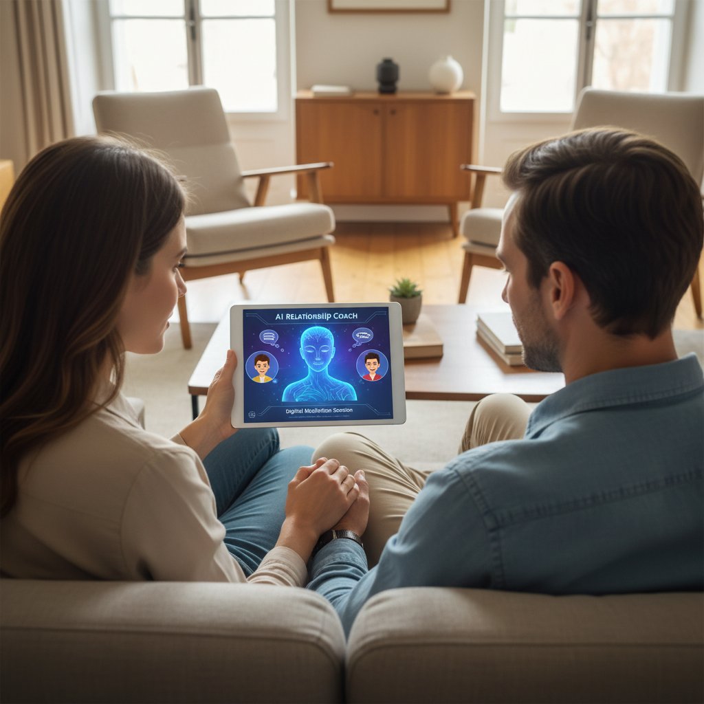 A realistic scene of a young couple using a tablet together, AI interface on screen, representing digital mediation tools