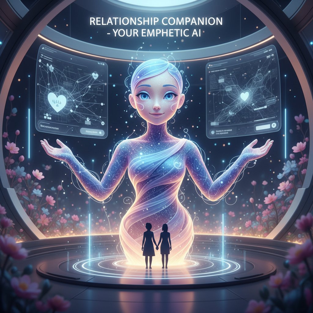 Futuristic, empathetic AI avatar listening attentively and supportively to a human user in a digital setting