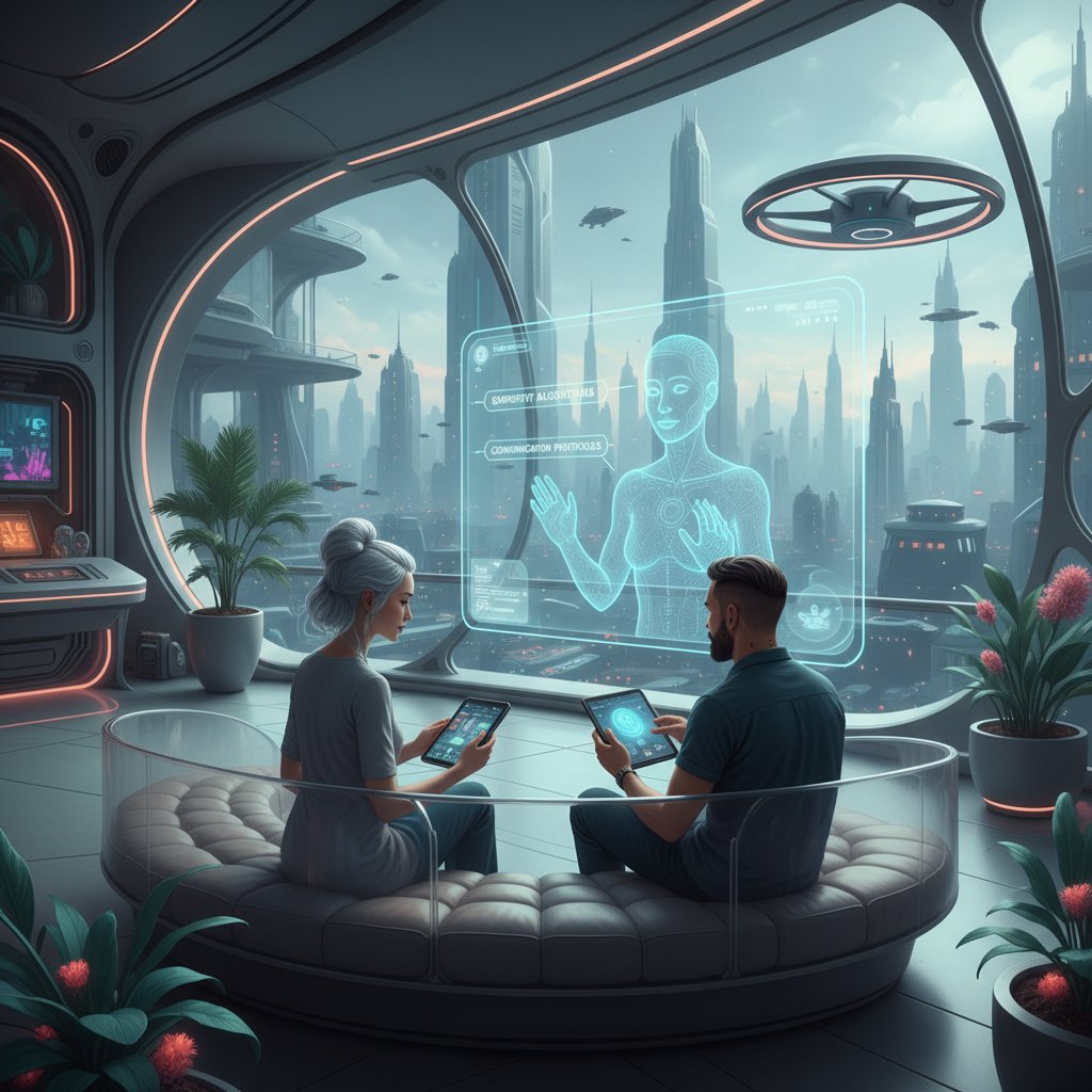 Futuristic photo of a couple consulting a digital device, glowing interface, sleek modern apartment