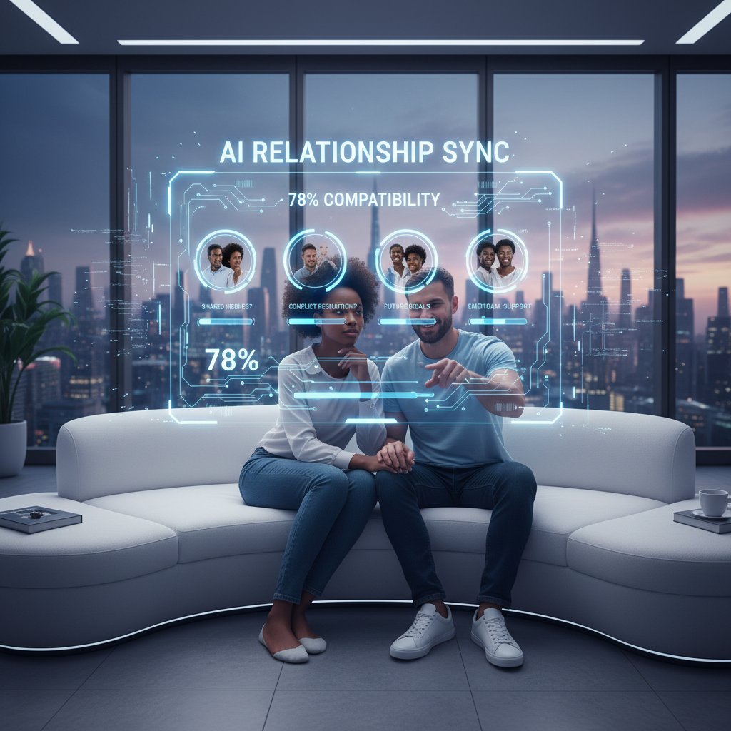 AI-powered relationship compatibility quiz concept, diverse couple interacting with futuristic digital interface representing limitations of online quizzes