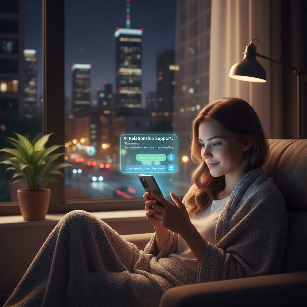 Using AI for relationship support, person texting at night, alone but hopeful, urban backdrop