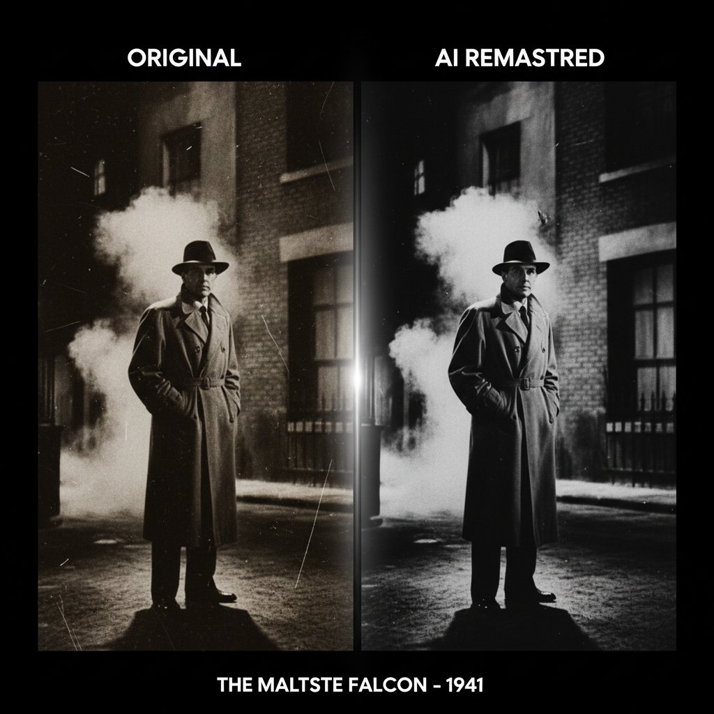 Side-by-side comparison of original and AI-remastered movie stills, stylized split-screen with grainy and vibrant halves