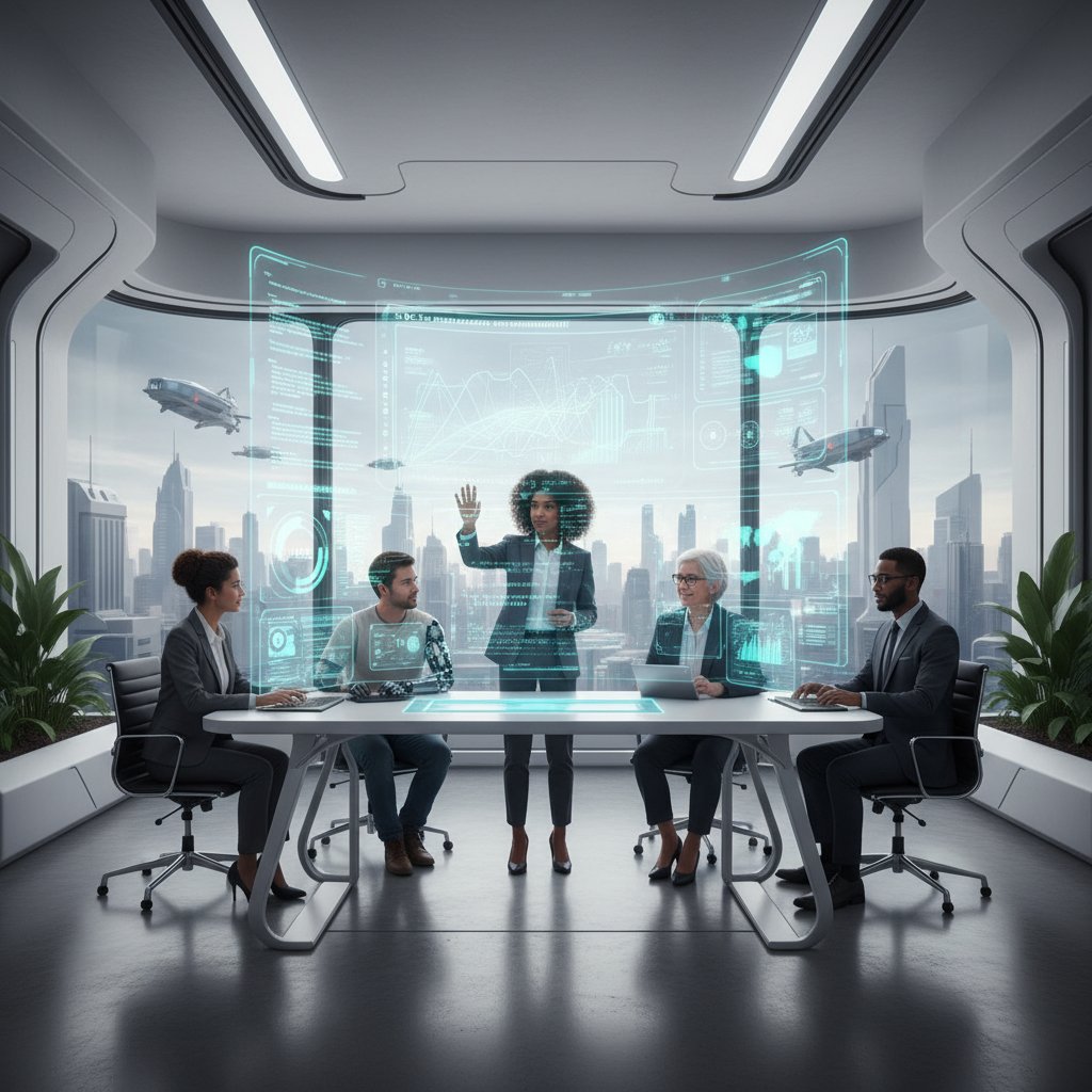Futuristic business professionals using AI hologram report generator in a sleek, high-tech office