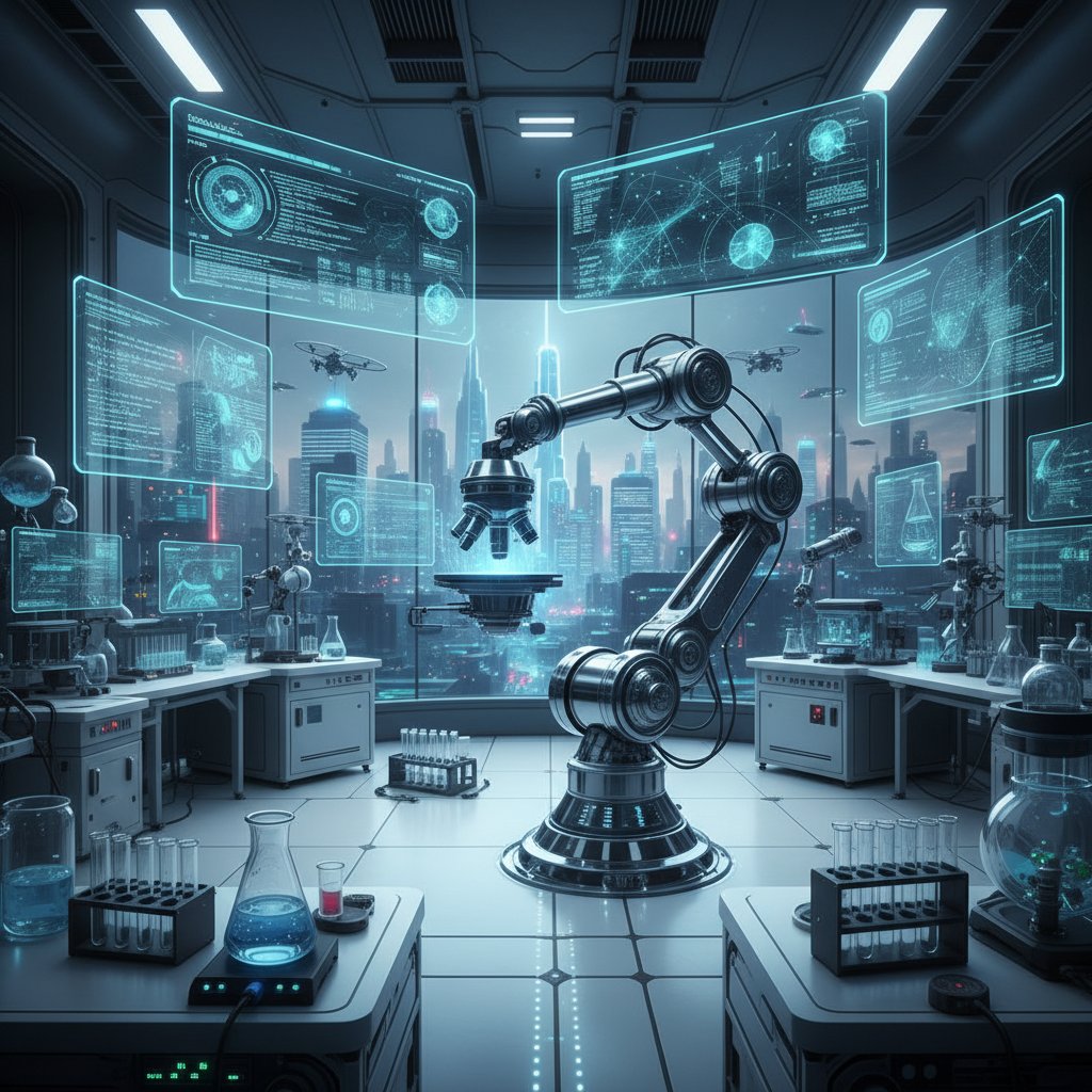 Futuristic lab scene with autonomous AI assistant interacting with researchers, symbolizing cutting-edge research automation