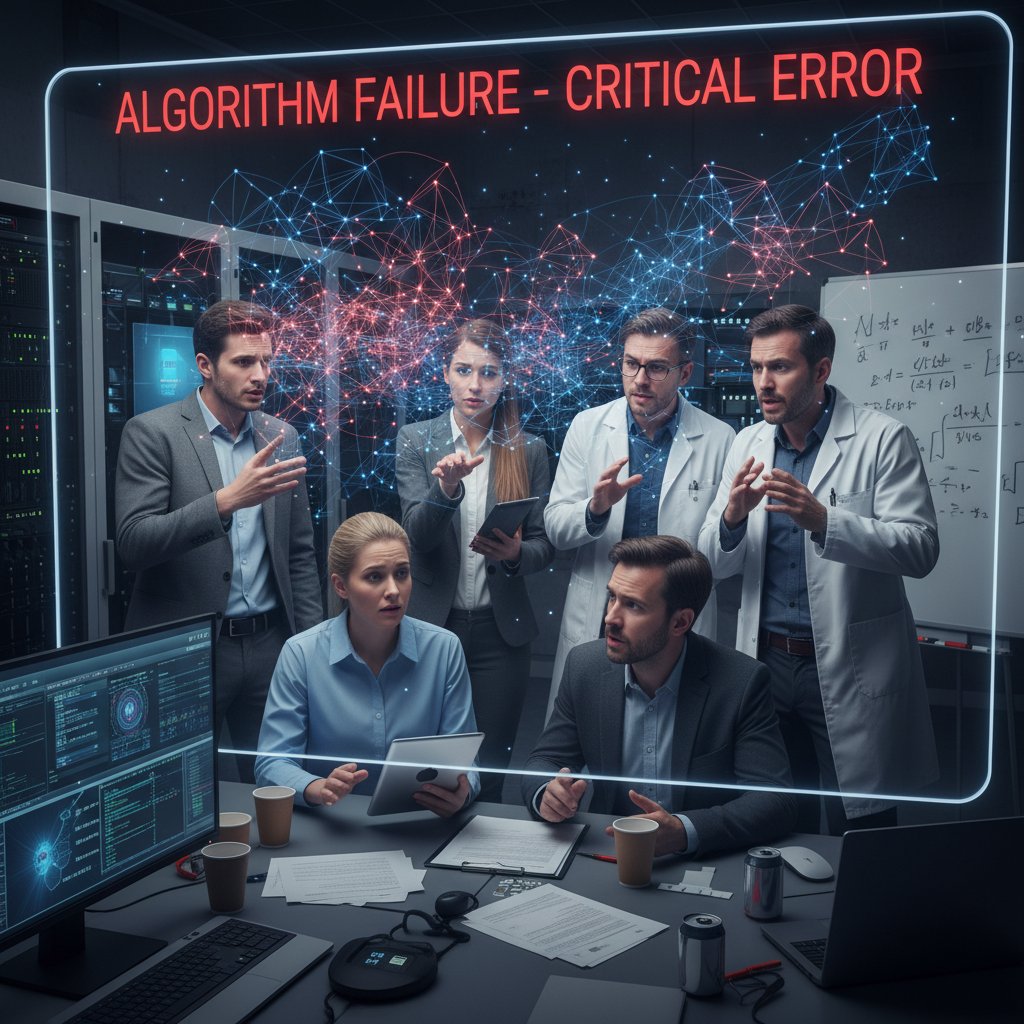 Nowoczesne centrum badawcze AI: ekrany z analizą awarii algorytmu, zespół ekspertów w trakcie narady