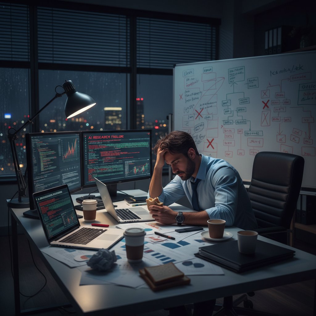 Stressed consultant reviewing missed AI research findings late at night