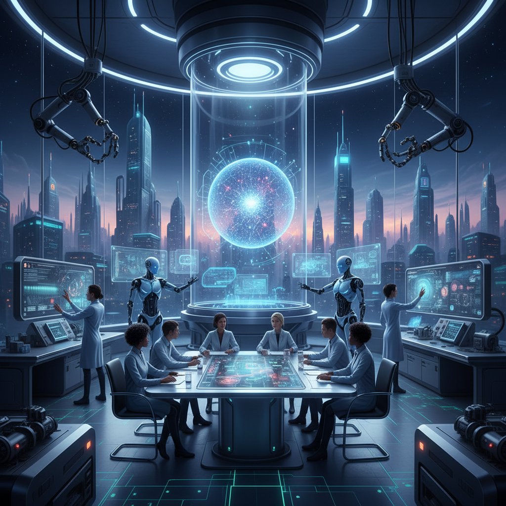 Researchers using a futuristic AI-powered lab environment, symbolizing the evolution of research platforms