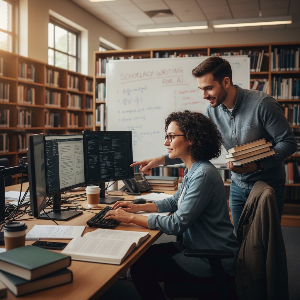 AI researcher guiding academic through complex writing tasks, representing virtual academic support in scholarly writing