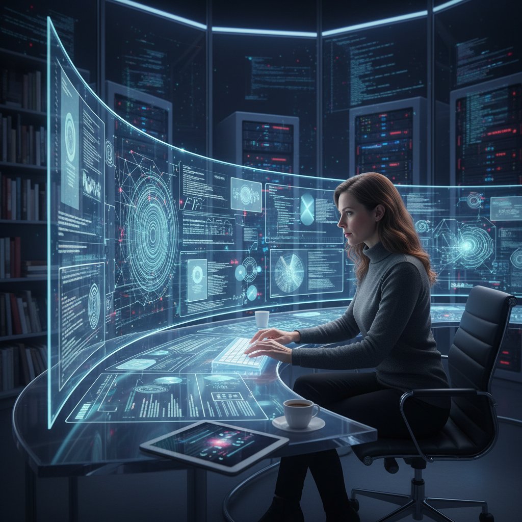 AI-powered virtual researcher analyzing complex academic data in a modern digital lab