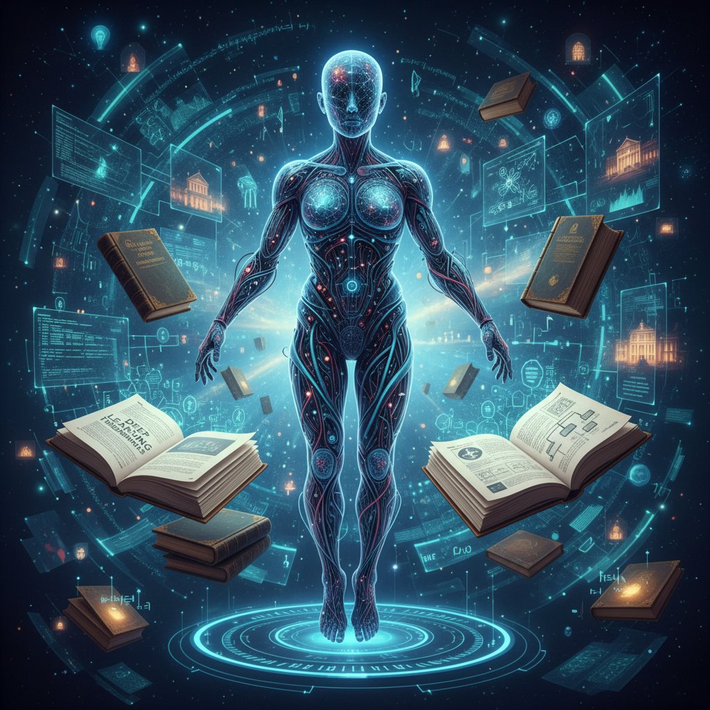 AI-powered researcher avatar visualizing data and research documents, demonstrating virtual academic researcher capabilities