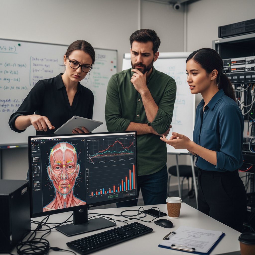 Zespół badaczy AI analizujący mimikę twarzy na ekranach komputerów, wyraźne emocje i napięta atmosfera