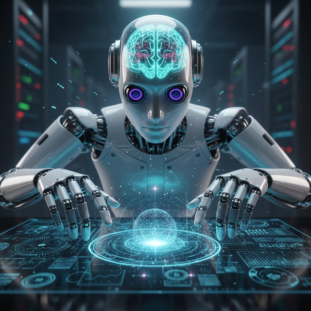 Robot analizujący skomplikowane dane, symbolizujący pytanie o świadomość AI