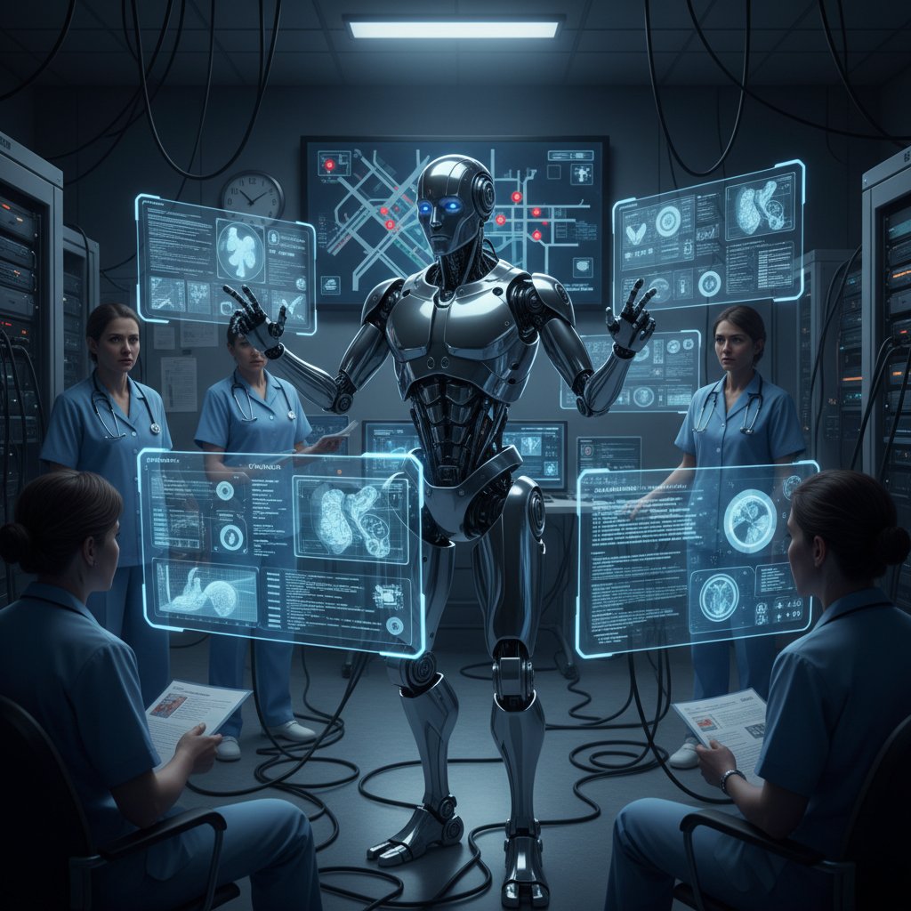 Robot AI przy komputerze analizujący dane medyczne, napięta atmosfera, szpital