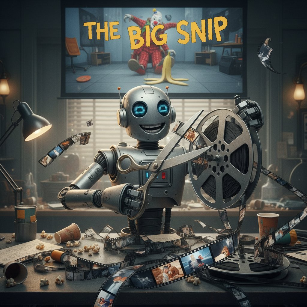 AI robot editing a comedy movie reel, robotic arms with scissors, high-contrast lighting, cinematic scene