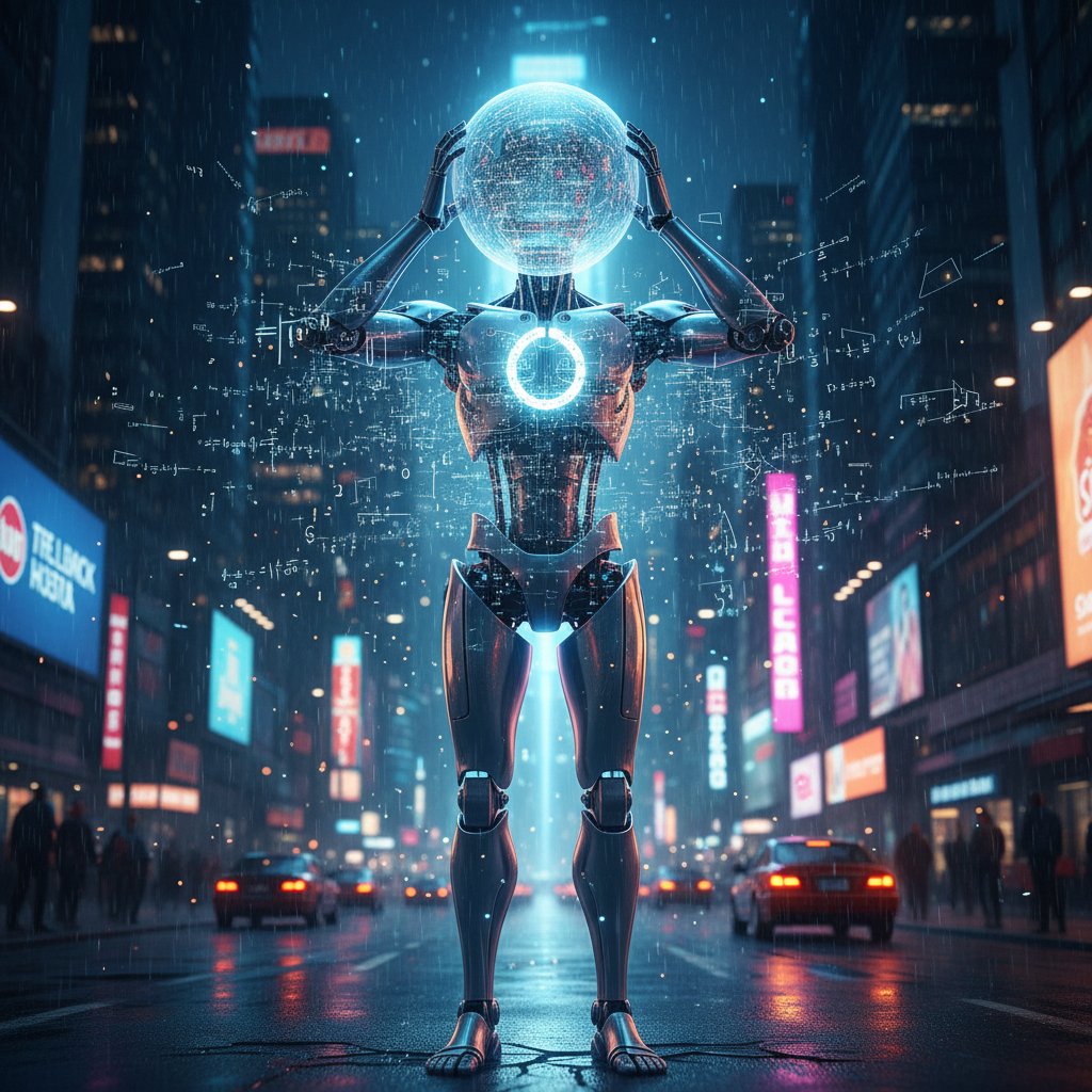 Symboliczny robot AI na tle matematycznych wzorów, nocne miasto, poczucie niejasności i objawienia