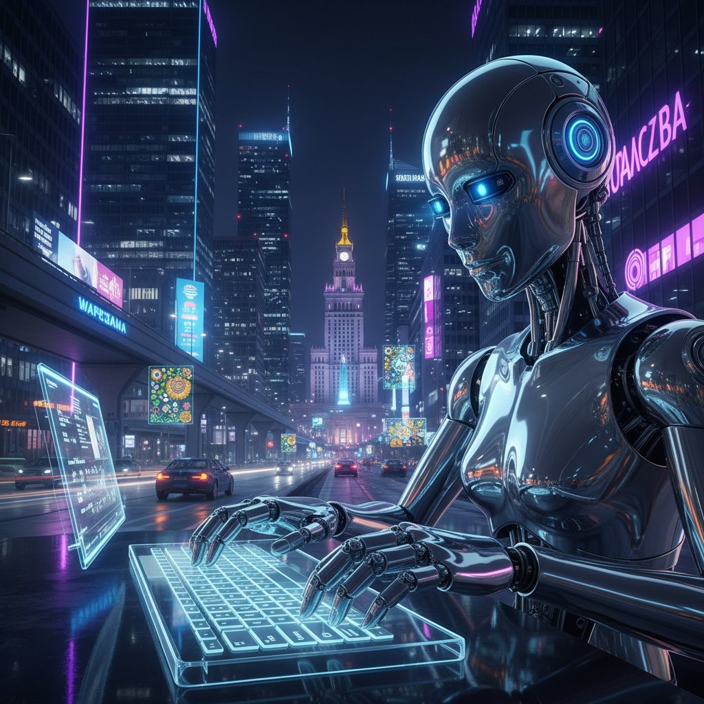 Robot AI przy komputerze, z polskimi motywami i dymkami tekstowymi po polsku, nocna scena miejska