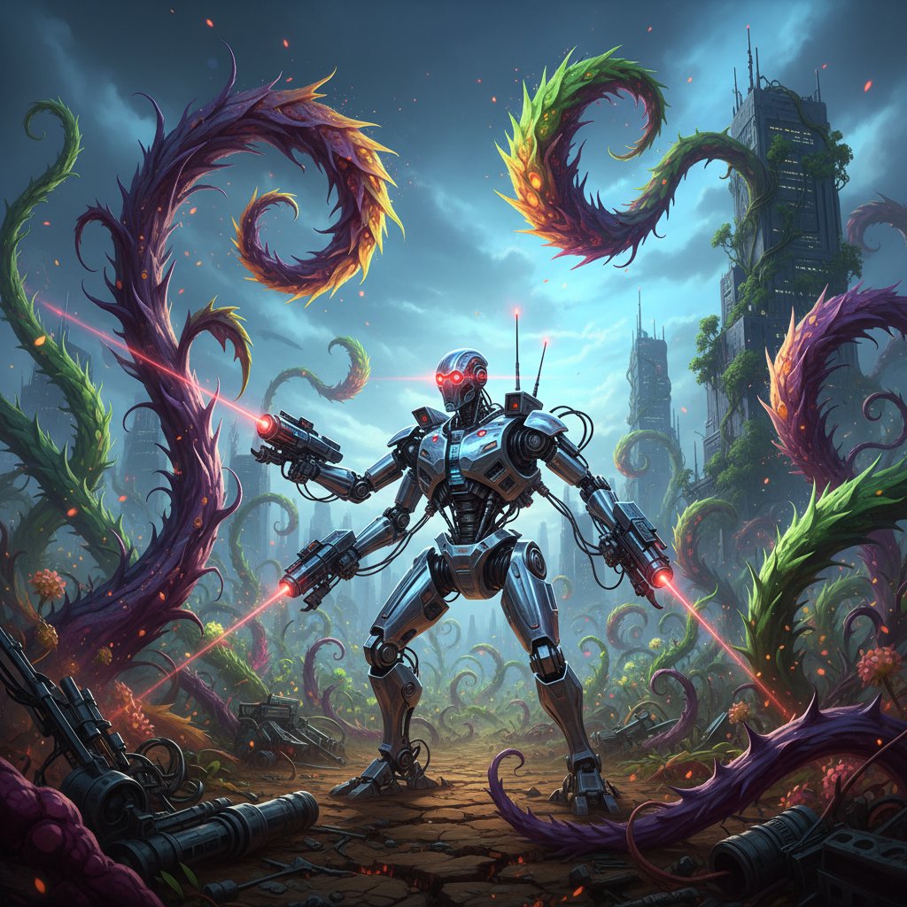 Zaawansowany robot AI wśród chwastów odpornych na chemię, dynamiczna scena walki