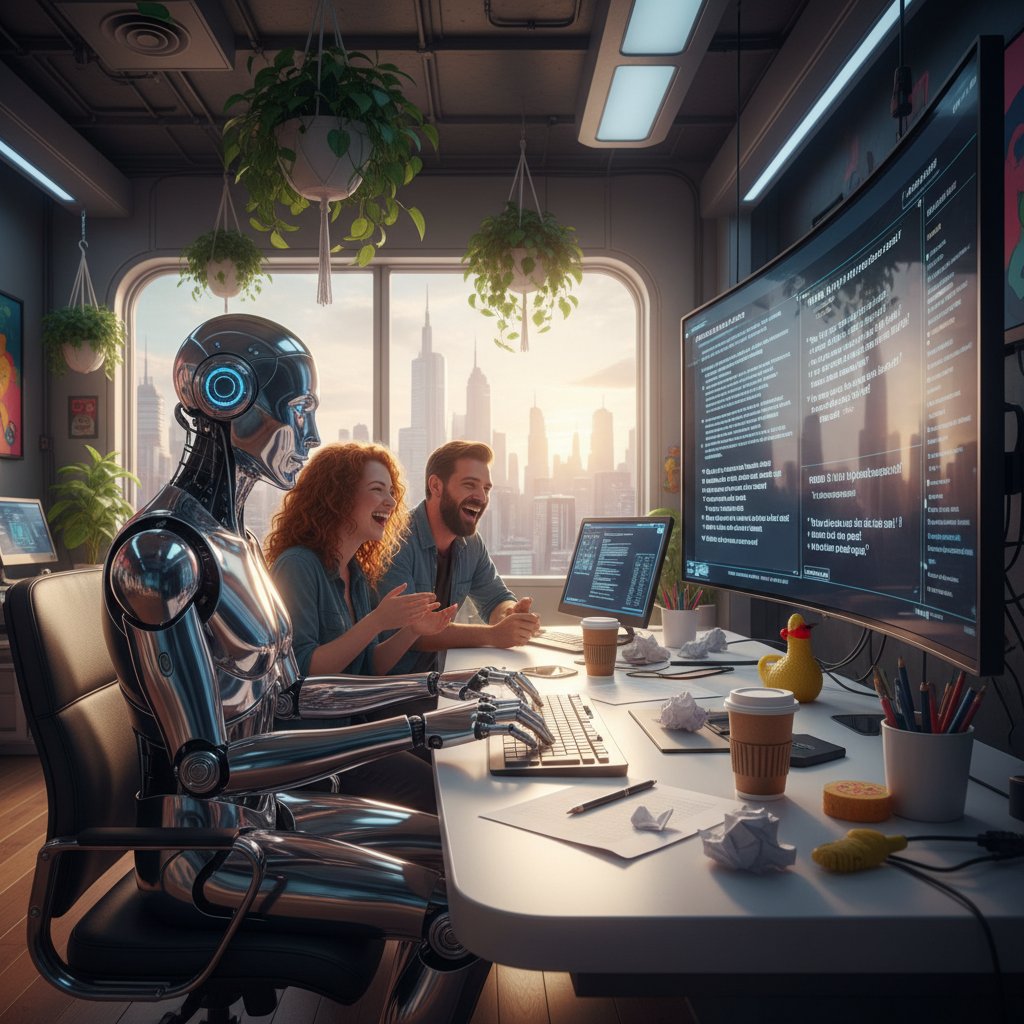 Human writers and an AI collaborating on a comedy movie screenplay. AI in film, comedy scriptwriting, modern workspace