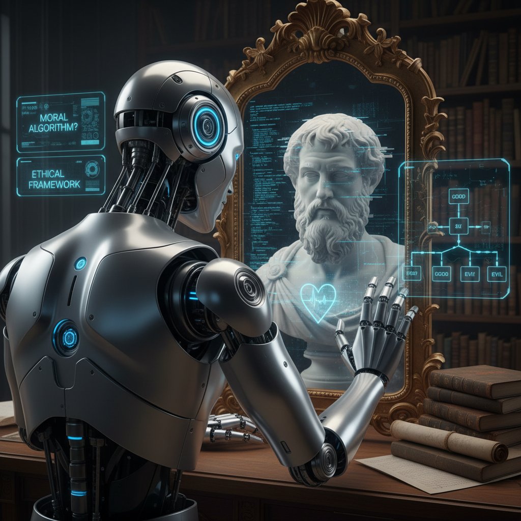 Symboliczne zdjęcie przedstawiające AI i moralność – robot w refleksji nad lustrzanym odbiciem