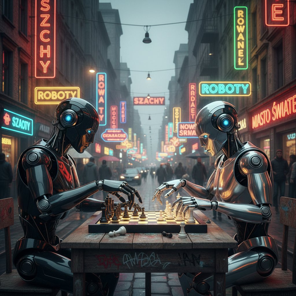 Starcie dwóch humanoidalnych robotów AI przy szachownicy na ulicy z neonami w Polsce
