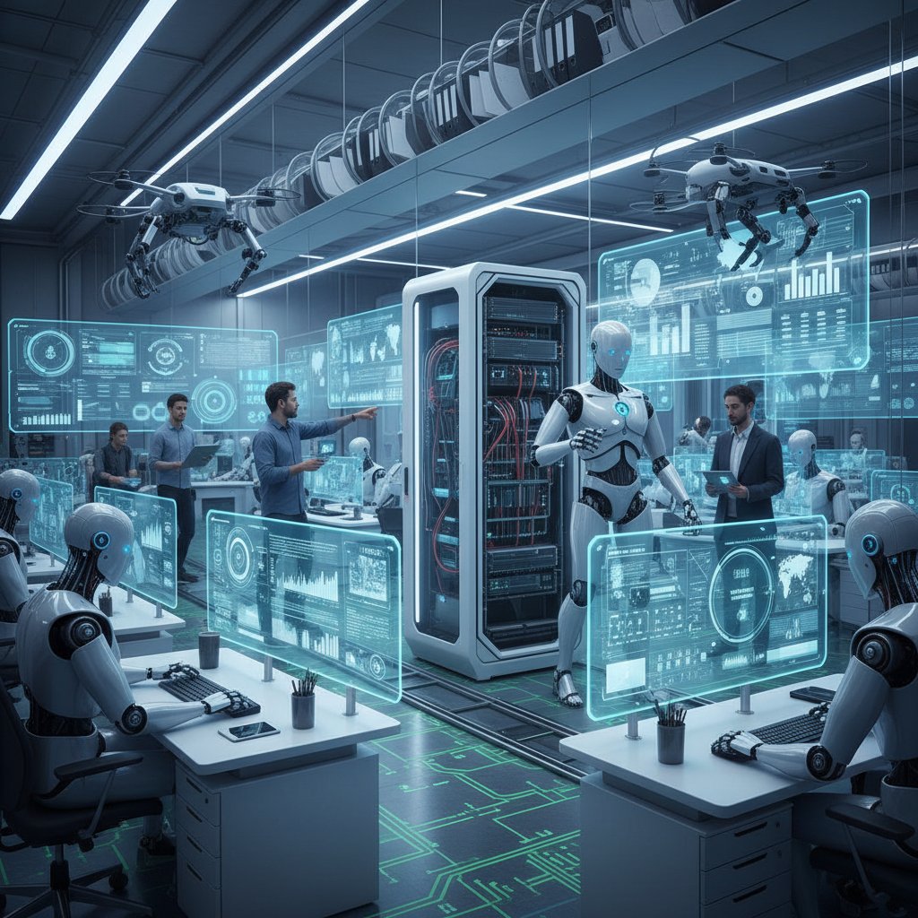 AI robots efficiently handling digital office tasks, collaborative mood, automation agency alternatives