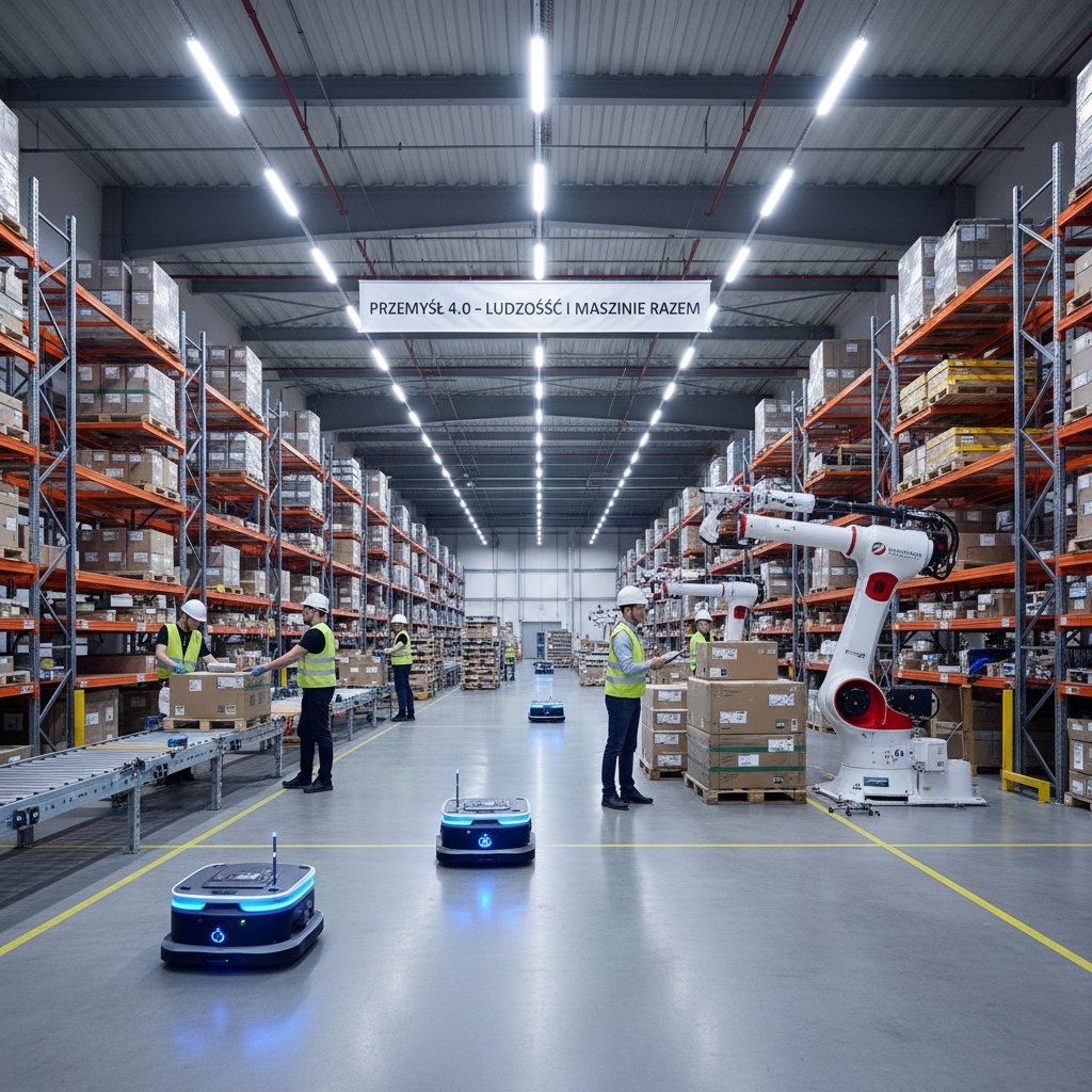 Roboty AI transportujące towary w dużym polskim magazynie, współpracujące z operatorami
