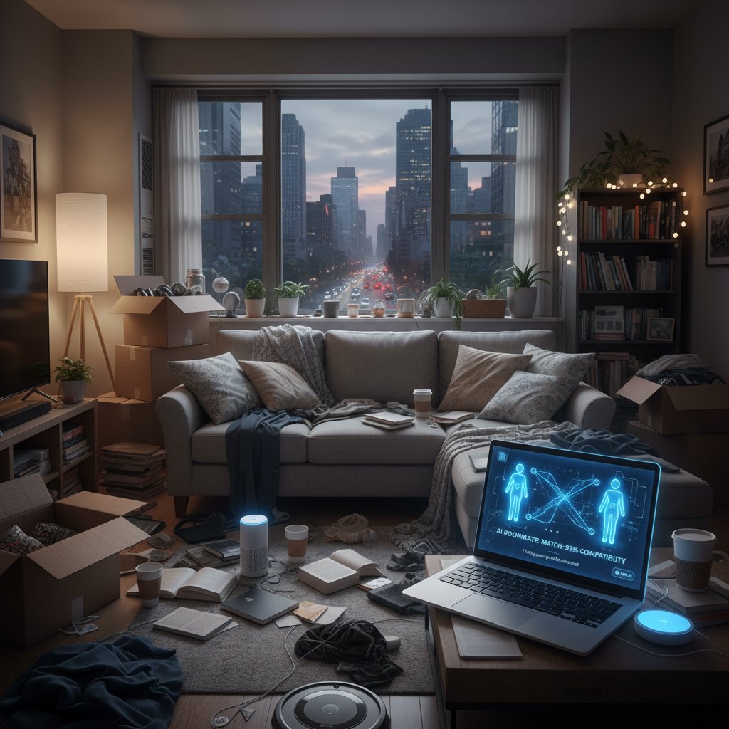 AI-powered roommate matching interface projected in a messy urban apartment living room, showing digital profiles and recommendations
