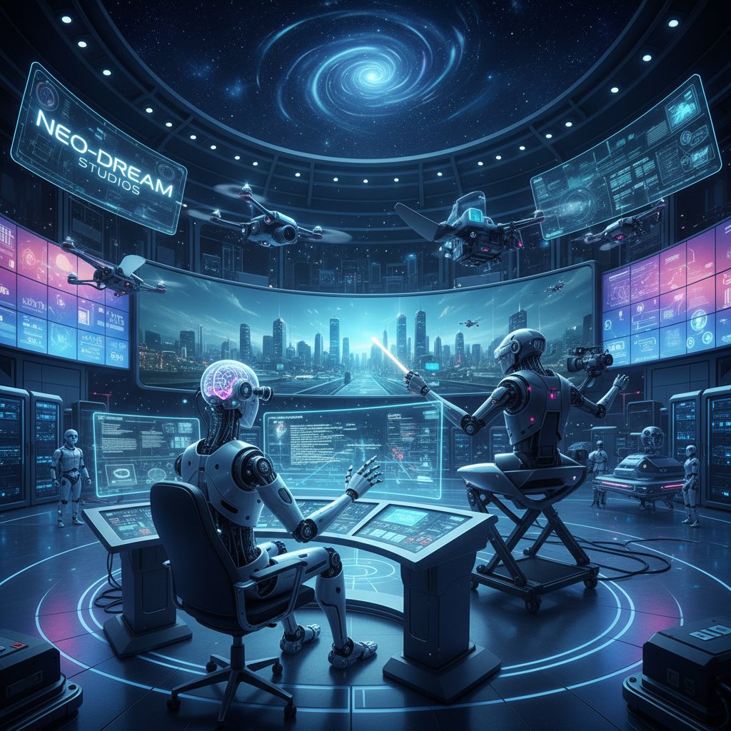 Director collaborating with AI to develop a true story movie, illustrating trends in movie true story cinema