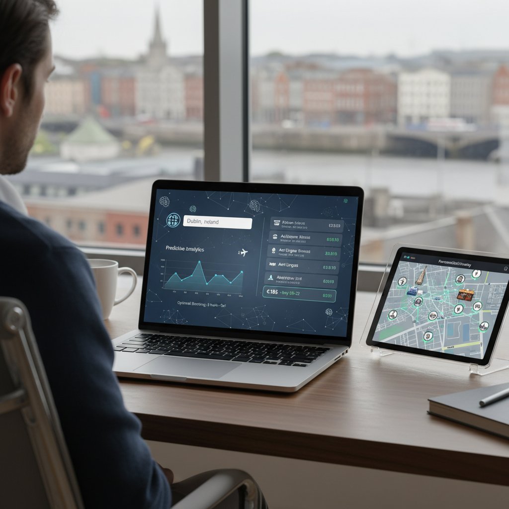 Osoba pracująca z laptopem, na ekranie analiza cen lotów do Dublina, AI w tle