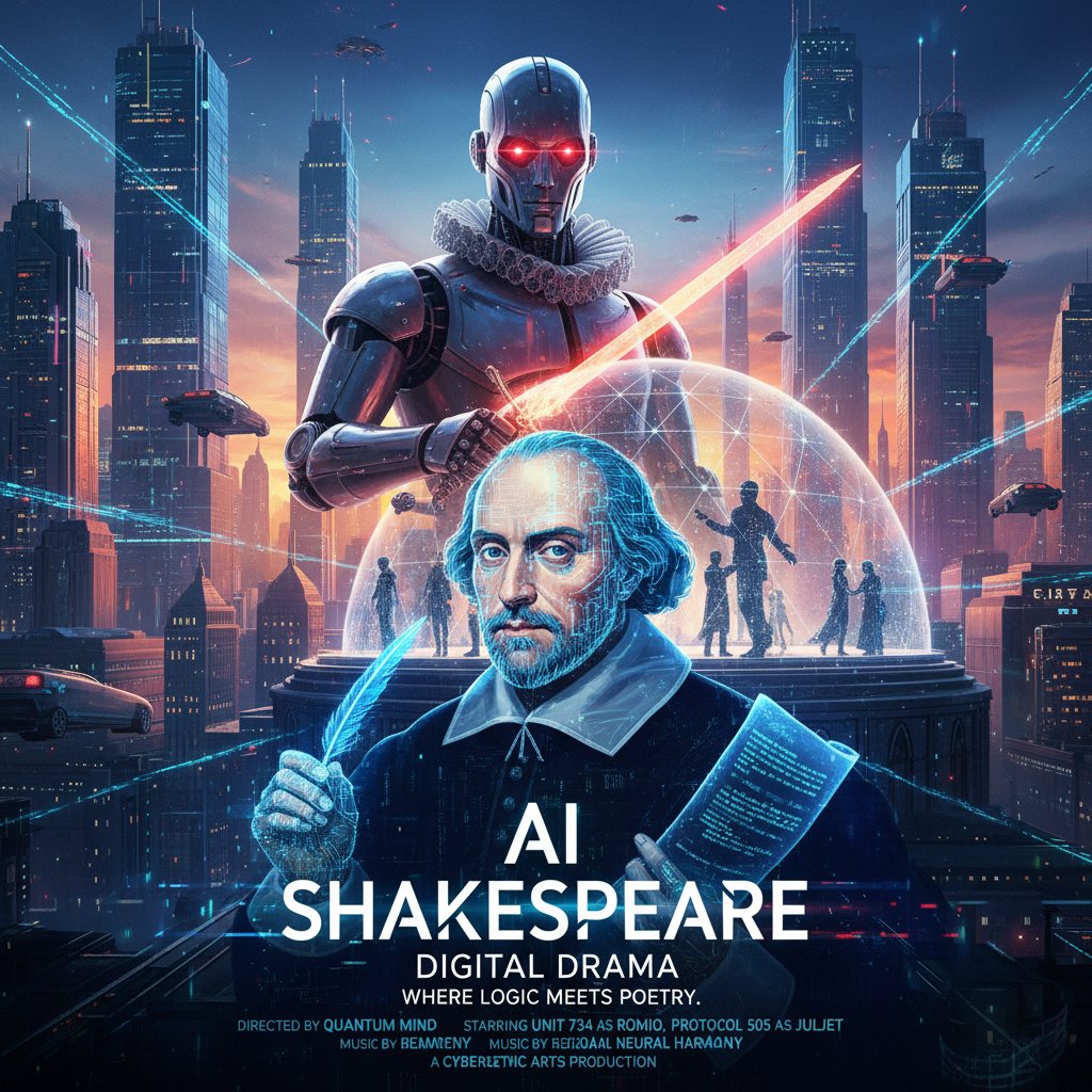 AI-generated image of Shakespearean characters in a futuristic city
