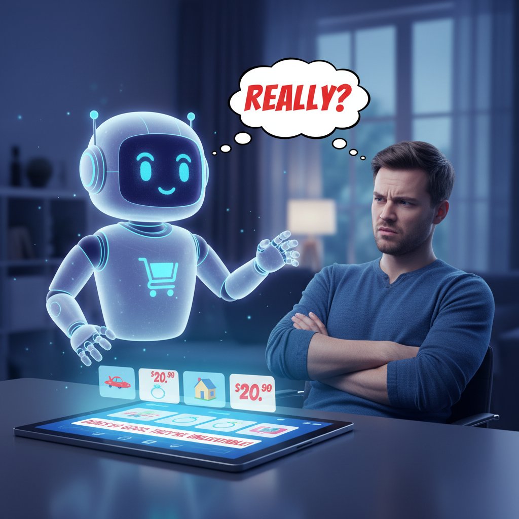 Młody konsument patrzący nieufnie na ekran z chatbotem zakupowym, atmosfera napięcia i kontroli