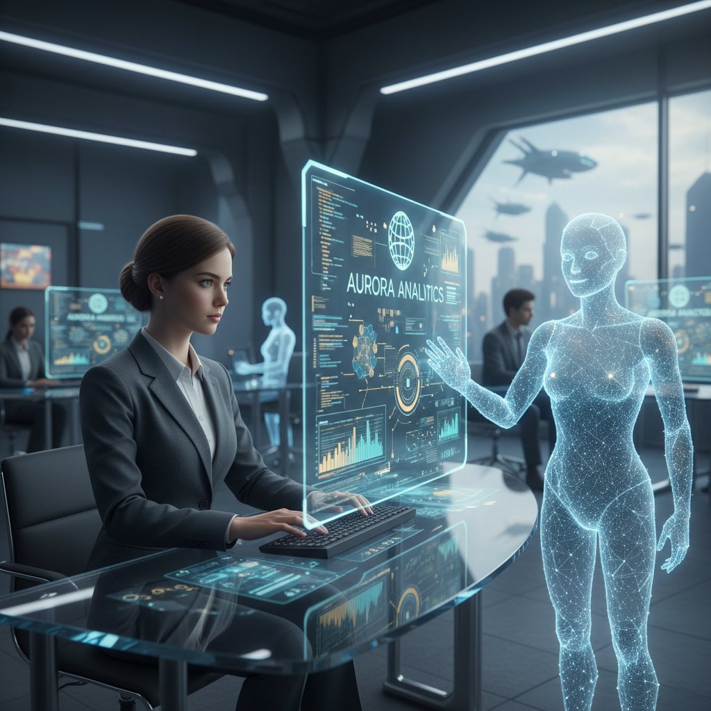 Pracownik analizujący wyniki AI na ekranie, obok wirtualny avatar jako symbol wirtualnych specjalistów